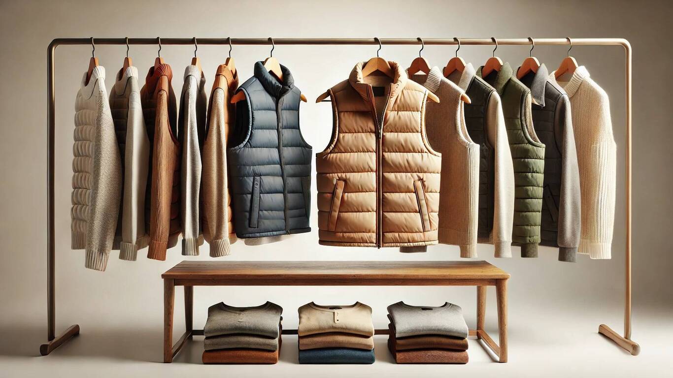 En rekke med vester i forskjellige farger og stiler, inkludert puffer og quiltede design, hengt på trekleshengere med en ryddig og elegant presentasjon. Under hengerne er det brettede gensere plassert på en trebenk, alt med en myk, nøytral og jordvarm bakgrunn.